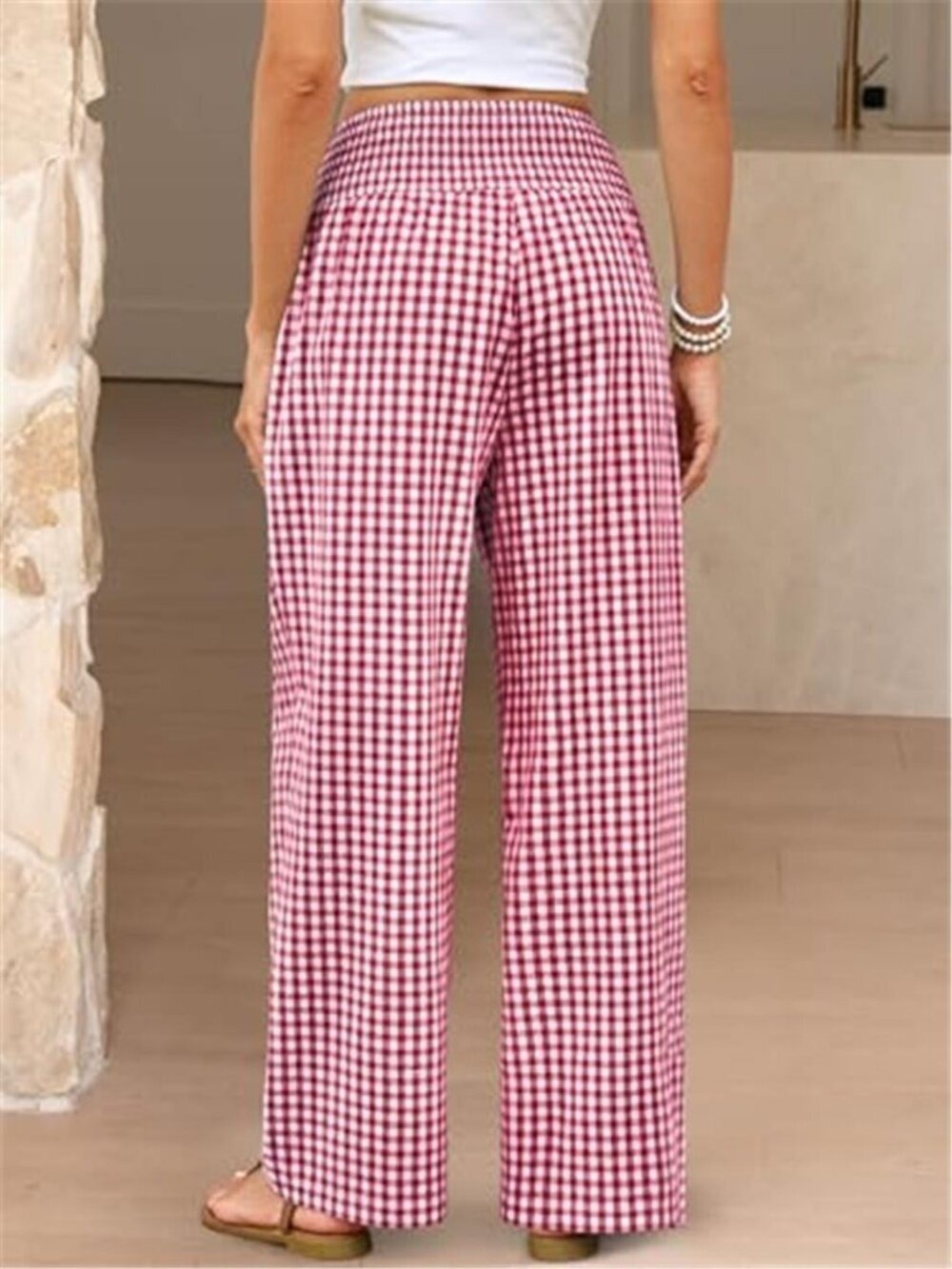 Women's Red Palazzo Pants, Striped & Gingham, Lounge & Casual, Lounge Pants - Picture 9 of 11